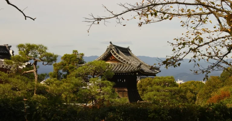 Blick auf einen Tempel in Kyoto, der teilweise hinter Bäumen verborgen ist