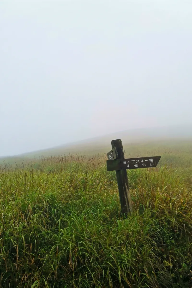 Wegweiser im Grasland von Mount Aso an einem nebligen Tag