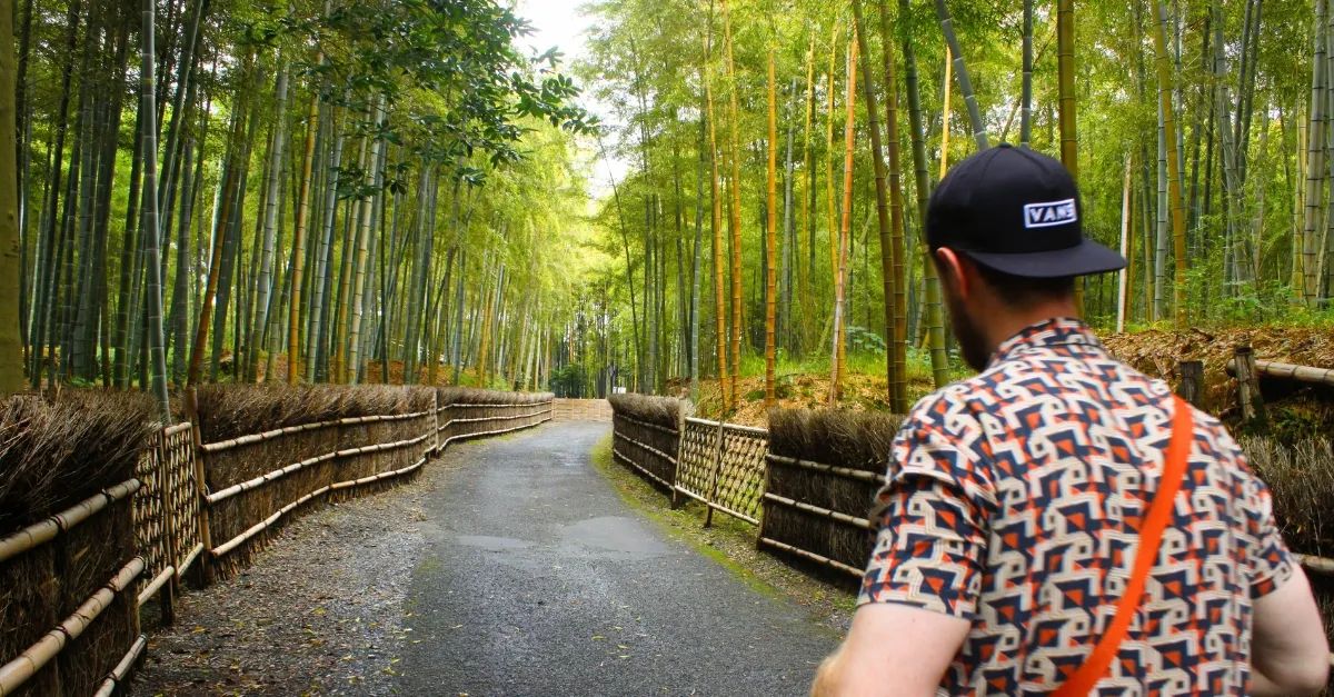 Mann von hinten läuft durch den Muko Bamboo Forest nahe Kyoto