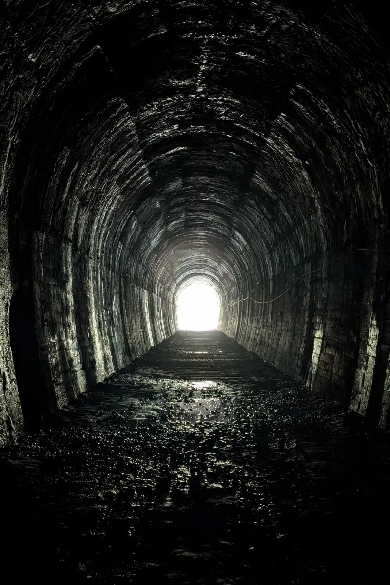Blick aus einem dunklen Bahntunnel heraus auf dem Takedao Abandoned Railway Hike